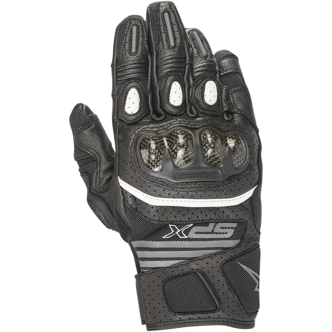 Guantes Alpinestars Women's SPX Air Carbon V2, negro y antracita, guantes de moto de puño corto con protección de nudillos en fibra de carbono, paneles de malla y cuero perforado para ventilación, franja de acento blanca y marca SPX.