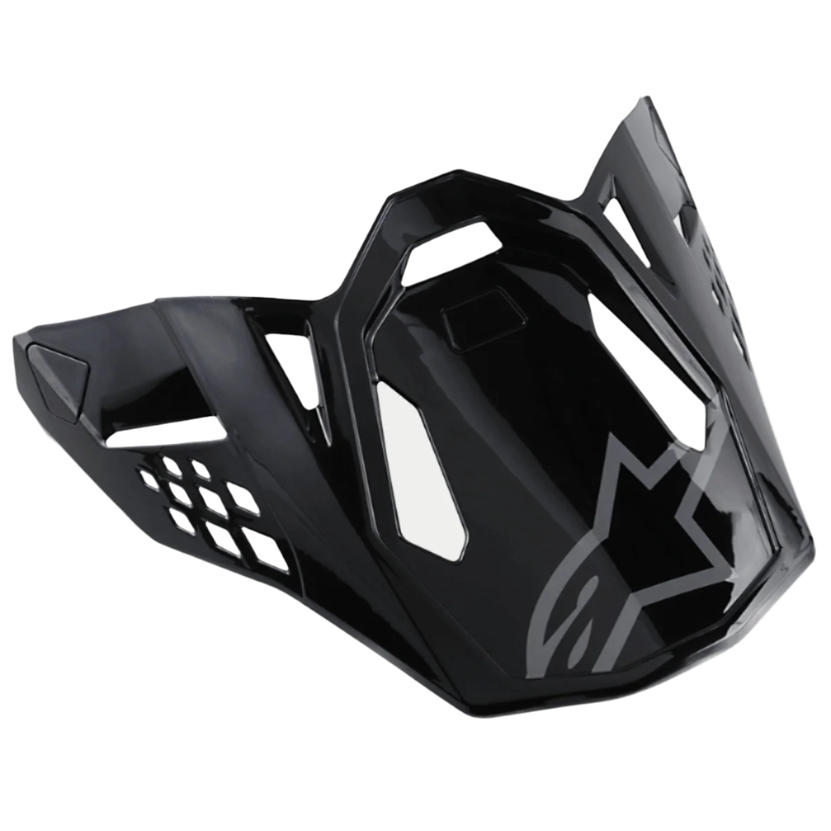Alpinestars S-M8 Helmet Visor Radium, visera de casco de motocross en negro brillante con logotipo Alpinestars gris, con recortes angulares aerodinámicos y bordes definidos, estilo de carreras moderno para cascos off-road