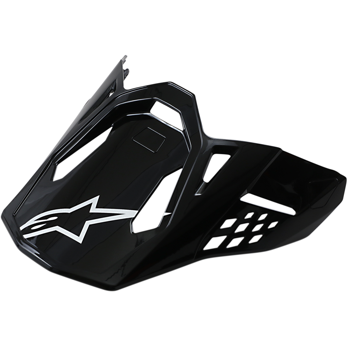 Alpinestars Supertech M10/M8 Visor, visera para casco de motocross, negro brillante con logo de estrella blanca, diseño aerodinámico con recortes de ventilación