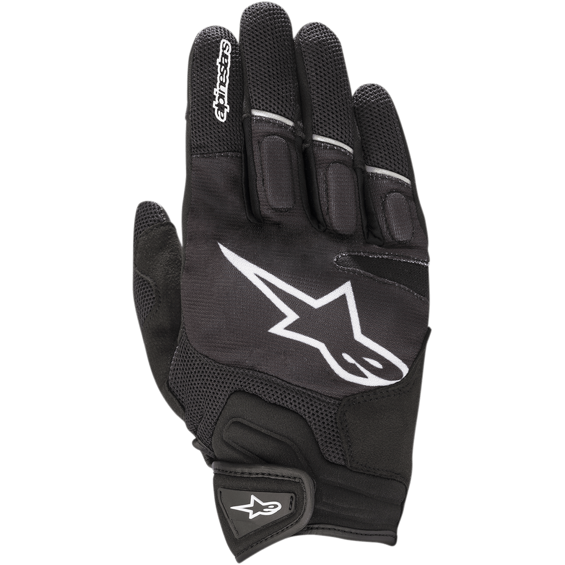 Guantes Alpinestars Atom, guantes ligeros para conducción de motocicleta, negros y blancos, con un gran logotipo de estrella blanca en el dorso, paneles de malla para ventilación, nudillos acolchados y cierre de muñeca seguro de gancho y bucle