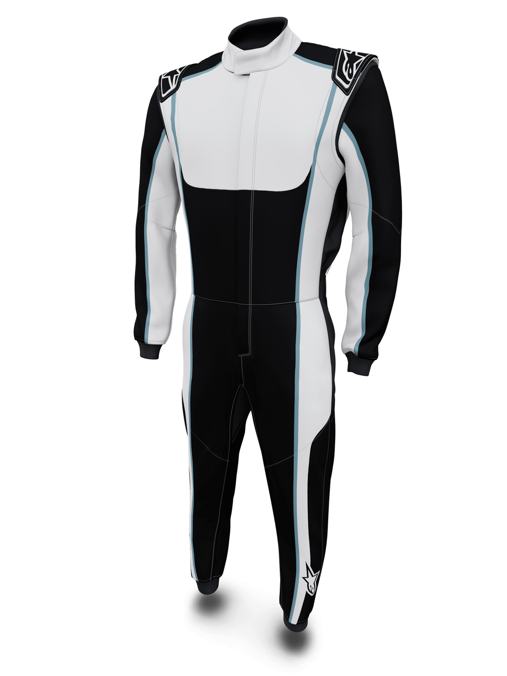 Alpinestars Tech Vision V3 Custom Suit, traje de automovilismo negro y blanco con detalles azules, certificado por la FIA.