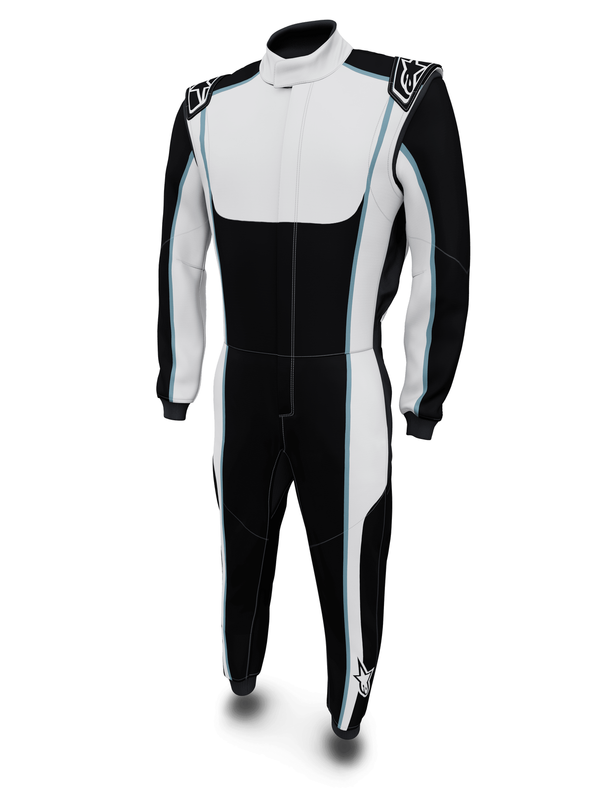 Alpinestars Tech Vision V3 Custom Suit, mono de carreras para moto, negro con paneles blancos y líneas azul claro, cuello alto, parches decorativos en hombros, diseño aerodinámico ajustado