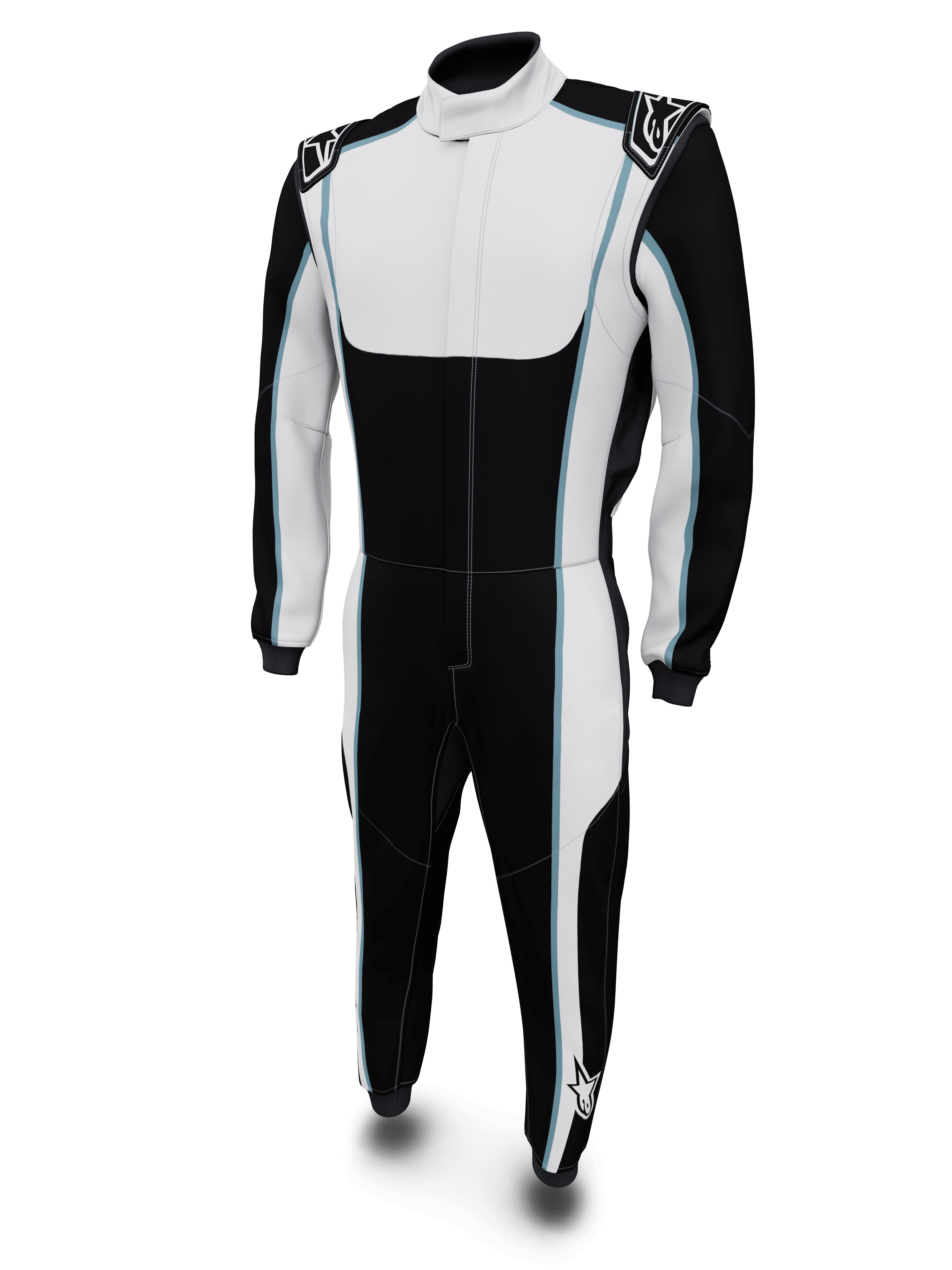 Alpinestars Tech Vision V3 Custom Suit, traje de automovilismo negro y blanco con detalles azules, certificado por la FIA.