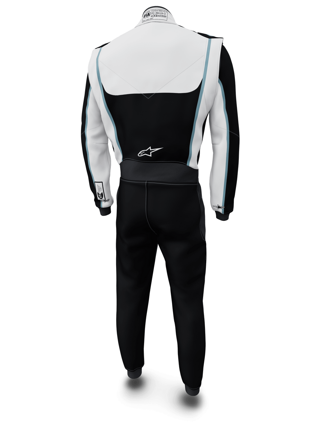 Mono personalizado Alpinestars Tech Vision V3, traje de automovilismo, blanco y negro con detalles en azul claro, vista trasera, con el logotipo de Alpinestars en la parte inferior de la espalda y etiqueta de certificación FIA en el cuello, indumentaria de competición ignífuga profesional con confección en Nomex