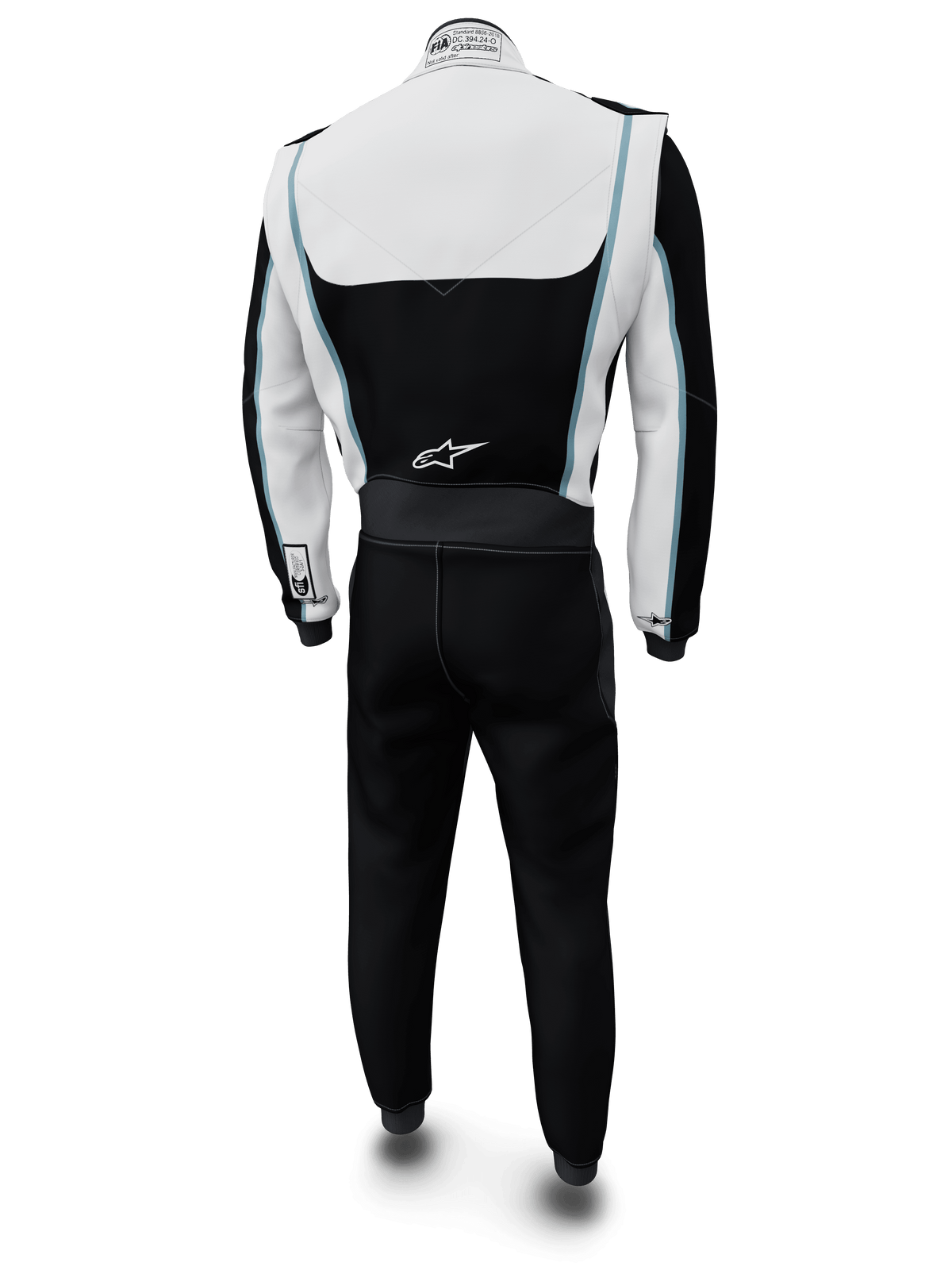 Mono personalizado Alpinestars Tech Vision V3, traje de automovilismo, blanco y negro con detalles en azul claro, vista trasera, con el logotipo de Alpinestars en la parte inferior de la espalda y etiqueta de certificación FIA en el cuello, indumentaria de competición ignífuga profesional con confección en Nomex