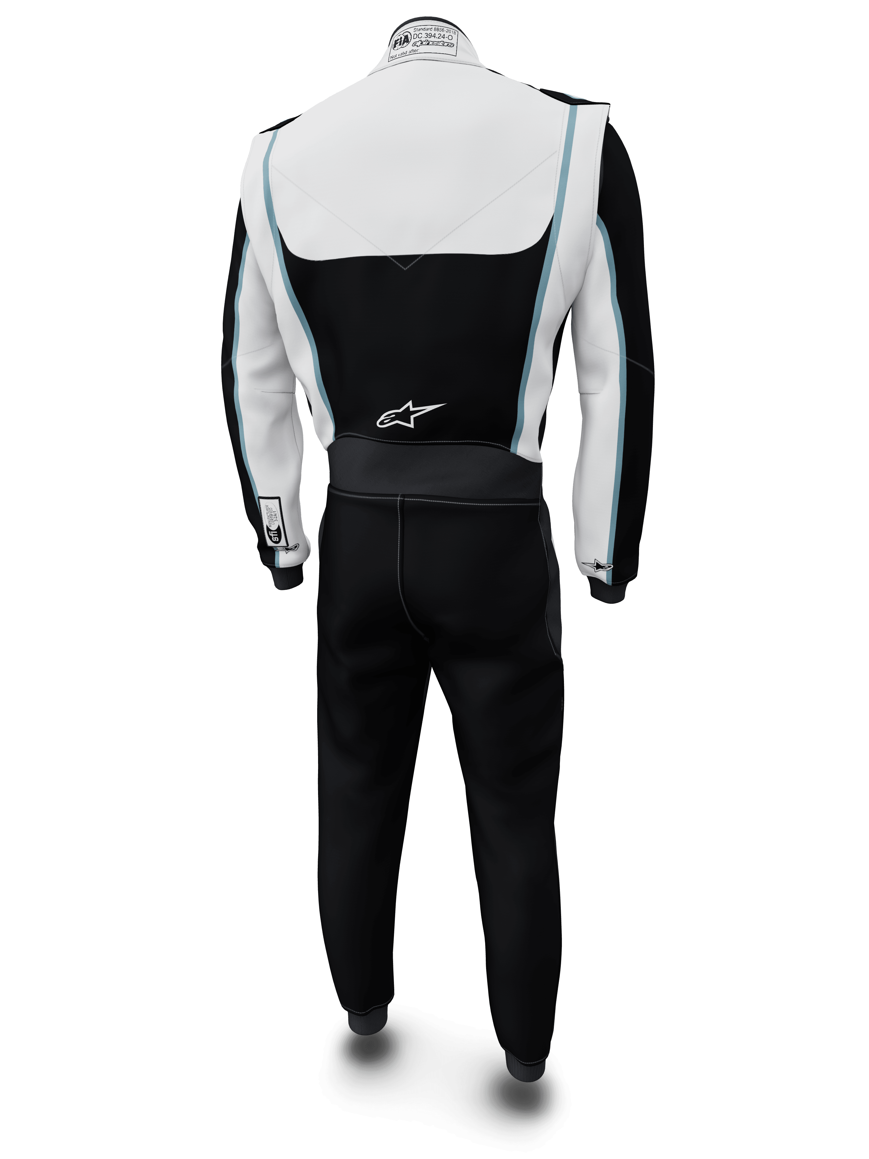 Mono personalizado Alpinestars Tech Vision V3, traje de automovilismo, blanco y negro con detalles en azul claro, vista trasera, con el logotipo de Alpinestars en la parte inferior de la espalda y etiqueta de certificación FIA en el cuello, indumentaria de competición ignífuga profesional con confección en Nomex