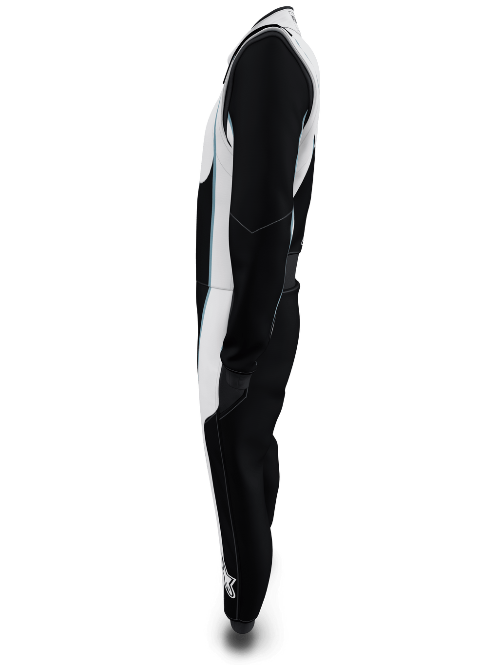 Alpinestars Tech Vision V3 Custom Suit, vista de perfil lateral, negro y blanco con detalles en azul claro, traje de carreras profesional con certificación FIA y SFI, construcción ligera de Nomex