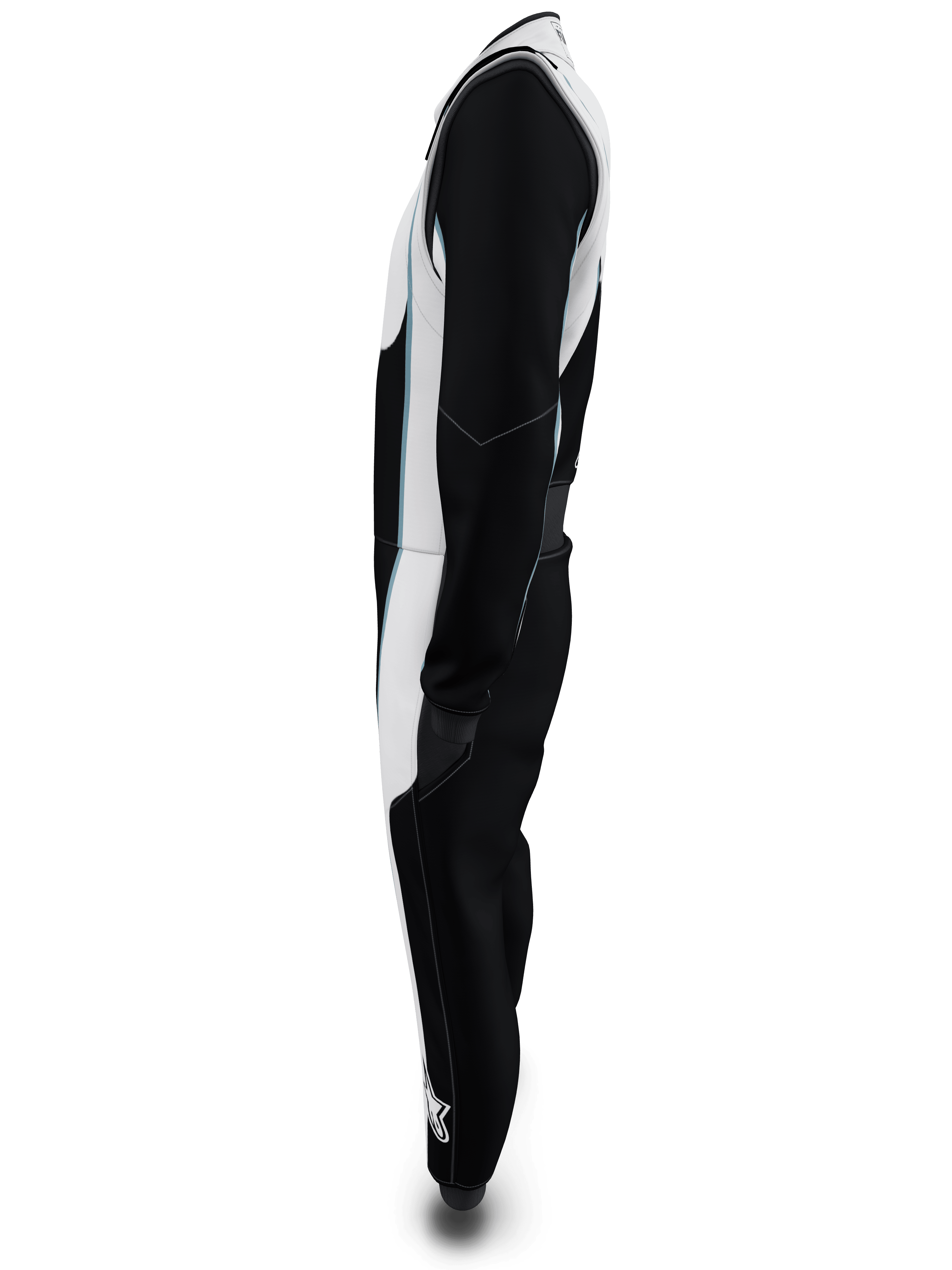 Alpinestars Tech Vision V3 Custom Suit, vista de perfil lateral, negro y blanco con detalles en azul claro, traje de carreras profesional con certificación FIA y SFI, construcción ligera de Nomex