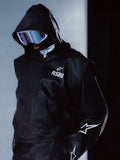 RSRV Axis Leather Hoodie, Black Leather Jacket with Hood, Unisex Streetwear, Reflective Goggles, White Star Logo Details, Premium Leather Construction, Sleek Futuristic Design