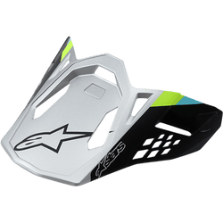 Alpinestars Supertech M8 Visor Contact, plata mate y negro, detalles en verde lima y cian, diseño aerodinámico angular con logo de estrella negro, aberturas de ventilación geométricas, visera de repuesto para cascos de motocross