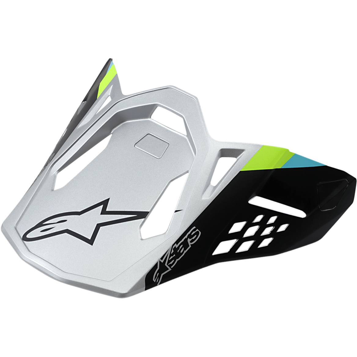 Alpinestars Supertech M8 Visor Contact, plata mate y negro, detalles en verde lima y cian, diseño aerodinámico angular con logo de estrella negro, aberturas de ventilación geométricas, visera de repuesto para cascos de motocross