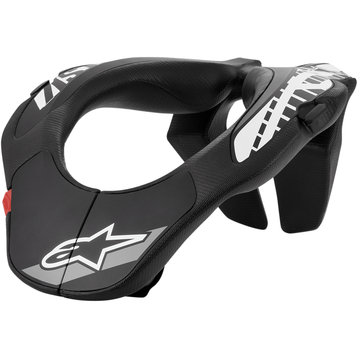 Alpinestars Youth Neck Support, protector cervical para motocross, negro con gráficos blancos y pestaña roja, diseño ergonómico con superficie texturizada, equipo de protección juvenil