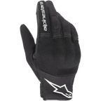 Guantes Alpinestars Stella Copper para mujer, guantes de moto negros y blancos, estilo urbano con ventilación de malla, con logotipo de estrella blanca en el puño y texto blanco en el dedo índice, confección textil ligera