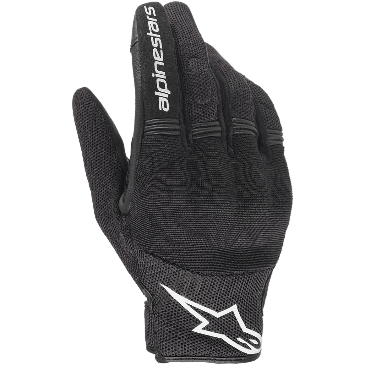 Guantes Alpinestars Stella Copper para mujer, guantes de moto negros y blancos, estilo urbano con ventilación de malla, con logotipo de estrella blanca en el puño y texto blanco en el dedo índice, confección textil ligera