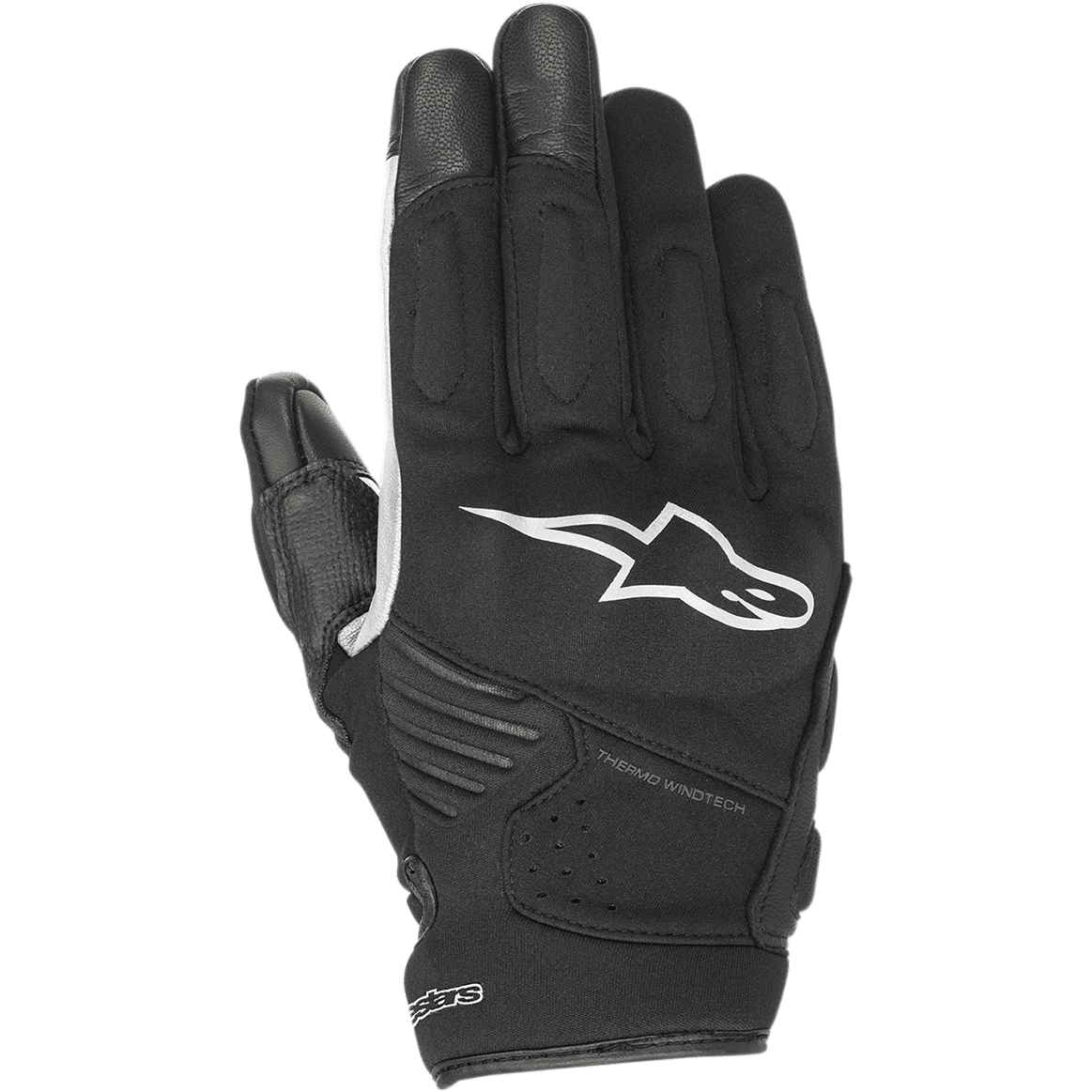 Alpinestars Faster Gloves, guantes de moto negros con logo blanco, tecnología Thermo Windtech, nudillos acolchados y construcción softshell multimaterial, diseño urbano de puño corto