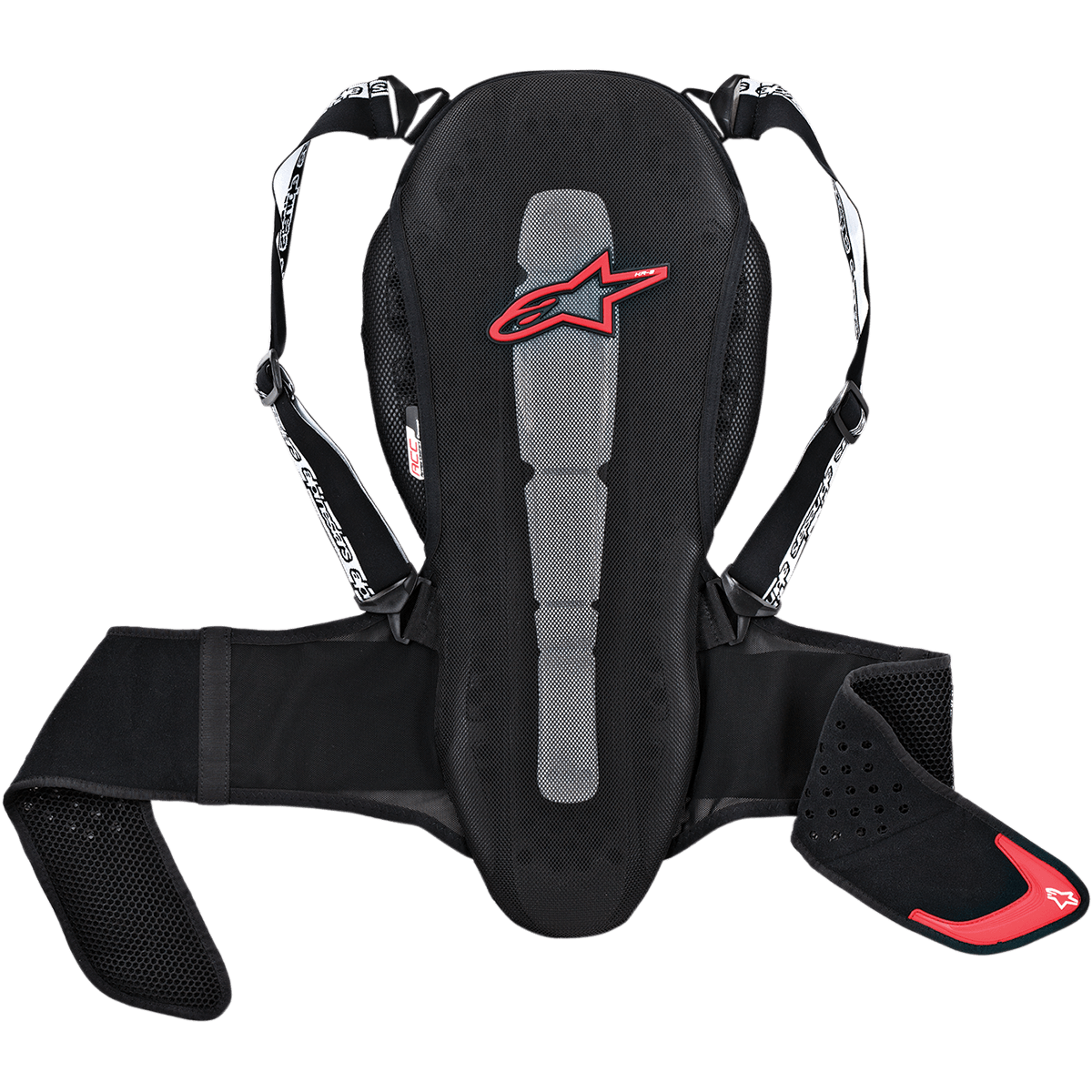 Alpinestars Nucleon Kr-2 Back Protector, protector de espalda para moto, negro con logo de estrella roja, construcción de malla con panel central gris, correas ajustables para los hombros y cinturón, diseño ergonómico con almohadillas laterales perforadas