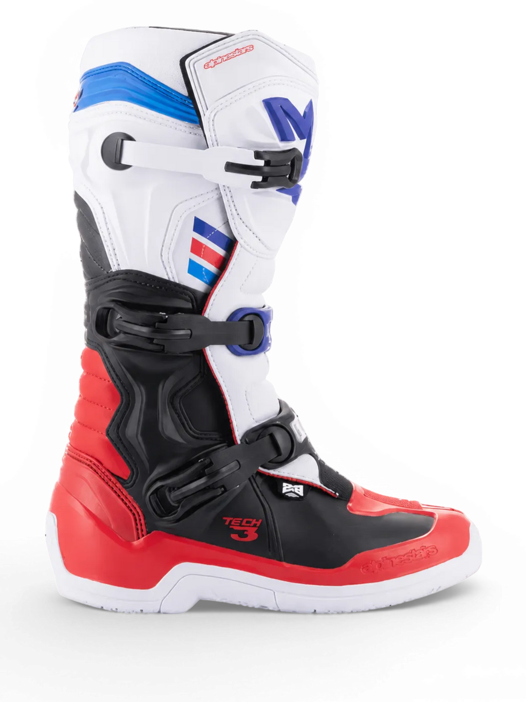 Alpinestars Tech 3, botas de motocross blancas y rojas con detalles azul oscuro, protección de TPU negra y cierre de triple hebilla, vista lateral