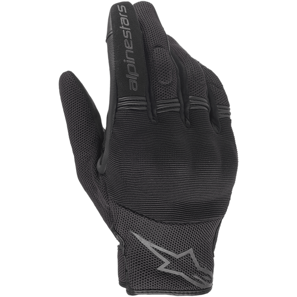Guantes Alpinestars Stella Copper para mujer, guantes de moto negros, vista del dorso que muestra la construcción de malla y tejido, paneles de acordeón acanalados en los dedos, marca Alpinestars en el dedo índice y logo de estrella en la muñeca, diseño urbano ligero