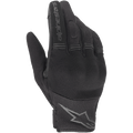 Guantes Alpinestars Stella Copper para mujer, guantes de moto negros, vista del dorso que muestra la construcción de malla y tejido, paneles de acordeón acanalados en los dedos, marca Alpinestars en el dedo índice y logo de estrella en la muñeca, diseño urbano ligero