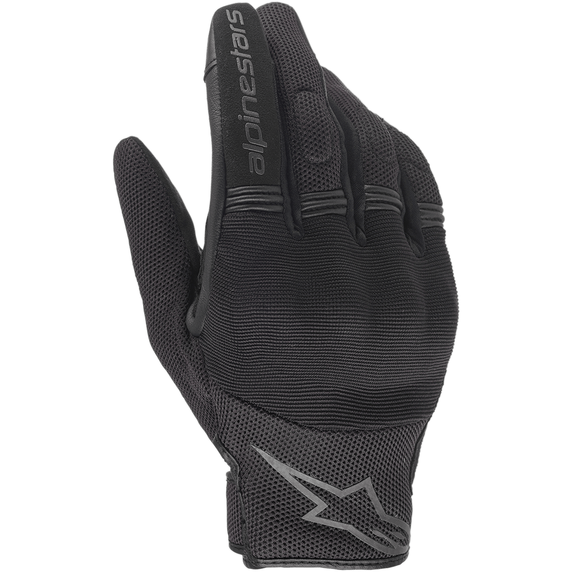 Guantes Alpinestars Stella Copper para mujer, guantes de moto negros, vista del dorso que muestra la construcción de malla y tejido, paneles de acordeón acanalados en los dedos, marca Alpinestars en el dedo índice y logo de estrella en la muñeca, diseño urbano ligero