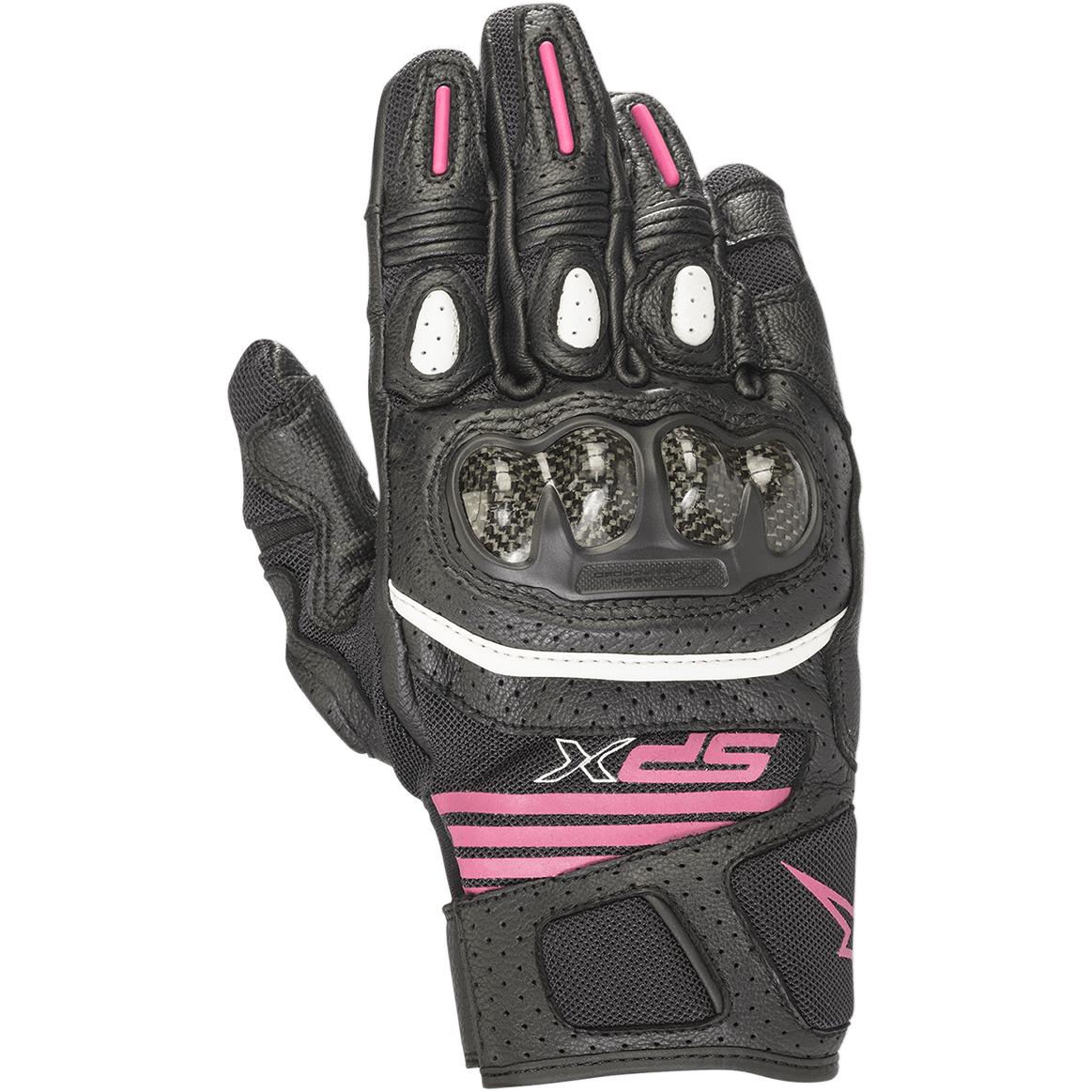 Alpinestars Women's SPX Air Carbon V2 Gloves, guantes de moto de puño corto en negro y fucsia, con protector de nudillos de fibra de carbono, construcción de cuero perforado y malla, ribete blanco y logotipo fucsia en la muñeca