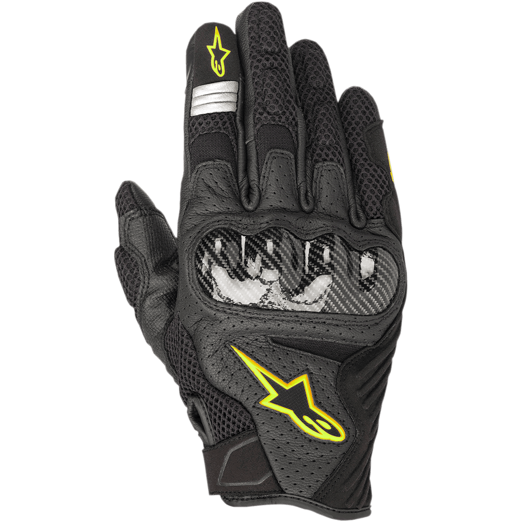 Alpinestars SMX-1 Air V2, guantes de moto, negros con detalles amarillo fluorescente, protector de nudillos de fibra de carbono, confección en malla y cuero perforado para mayor transpirabilidad, logotipo amarillo y detalles reflectantes plateados en el dedo índice
