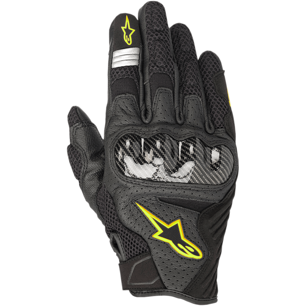 Alpinestars SMX-1 Air V2, guantes de moto, negros con detalles amarillo fluorescente, protector de nudillos de fibra de carbono, confección en malla y cuero perforado para mayor transpirabilidad, logotipo amarillo y detalles reflectantes plateados en el dedo índice