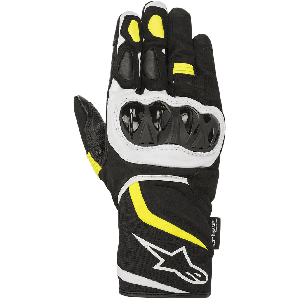 Alpinestars T-SP W Drystar® Gloves, guantes deportivos para moto, negros con detalles en amarillo flúor y blanco, protector de nudillos rígido, puño de longitud media con logotipo blanco, confección en tejido impermeable y softshell