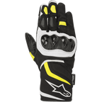 Alpinestars T-SP W Drystar® Gloves, guantes deportivos para moto, negros con detalles en amarillo flúor y blanco, protector de nudillos rígido, puño de longitud media con logotipo blanco, confección en tejido impermeable y softshell