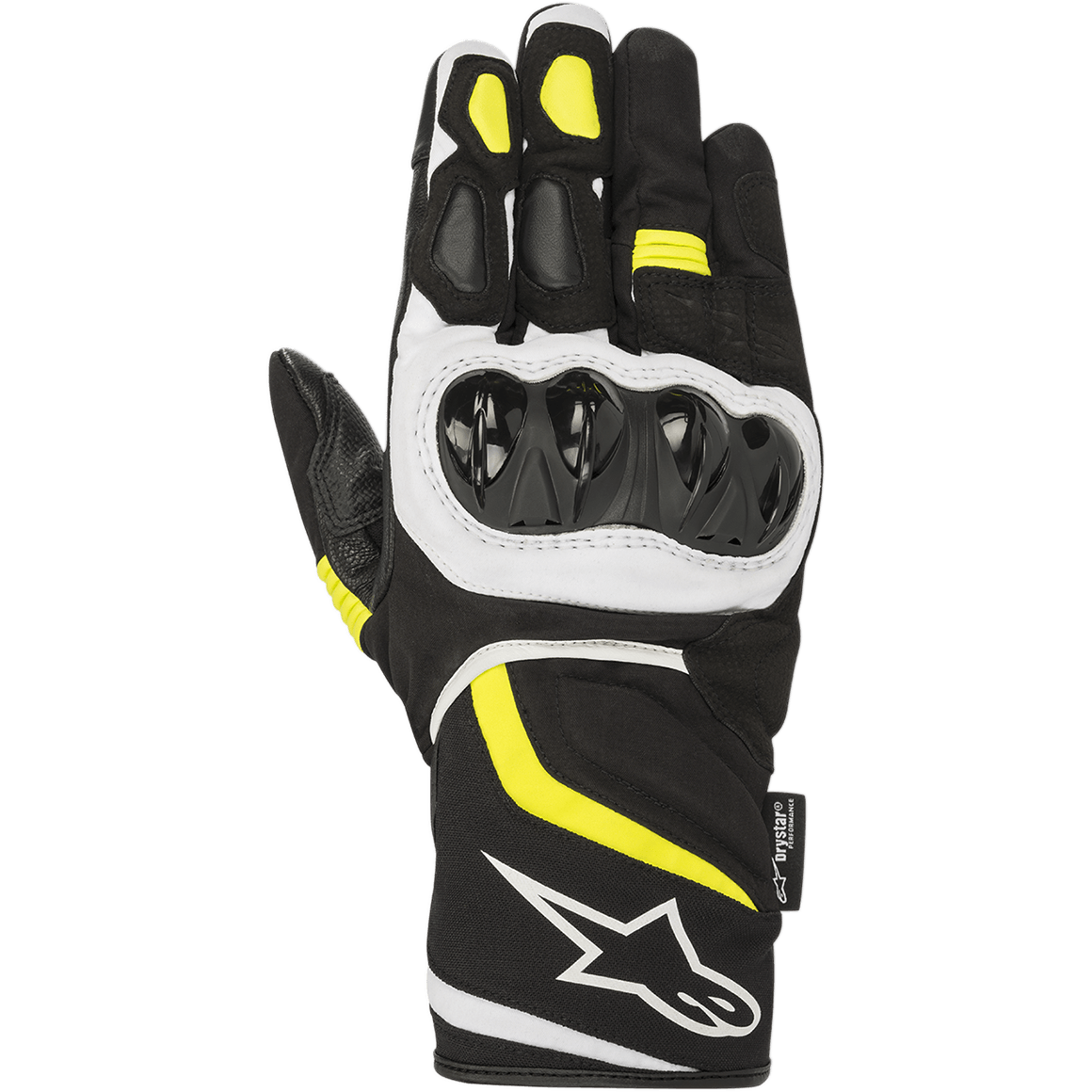 Alpinestars T-SP W Drystar® Gloves, Sport Motorcycle Gloves, Black with Yellow Fluo and White accents, hard knuckle protector, mid-length cuff with white logo, waterproof textile and softshell construction