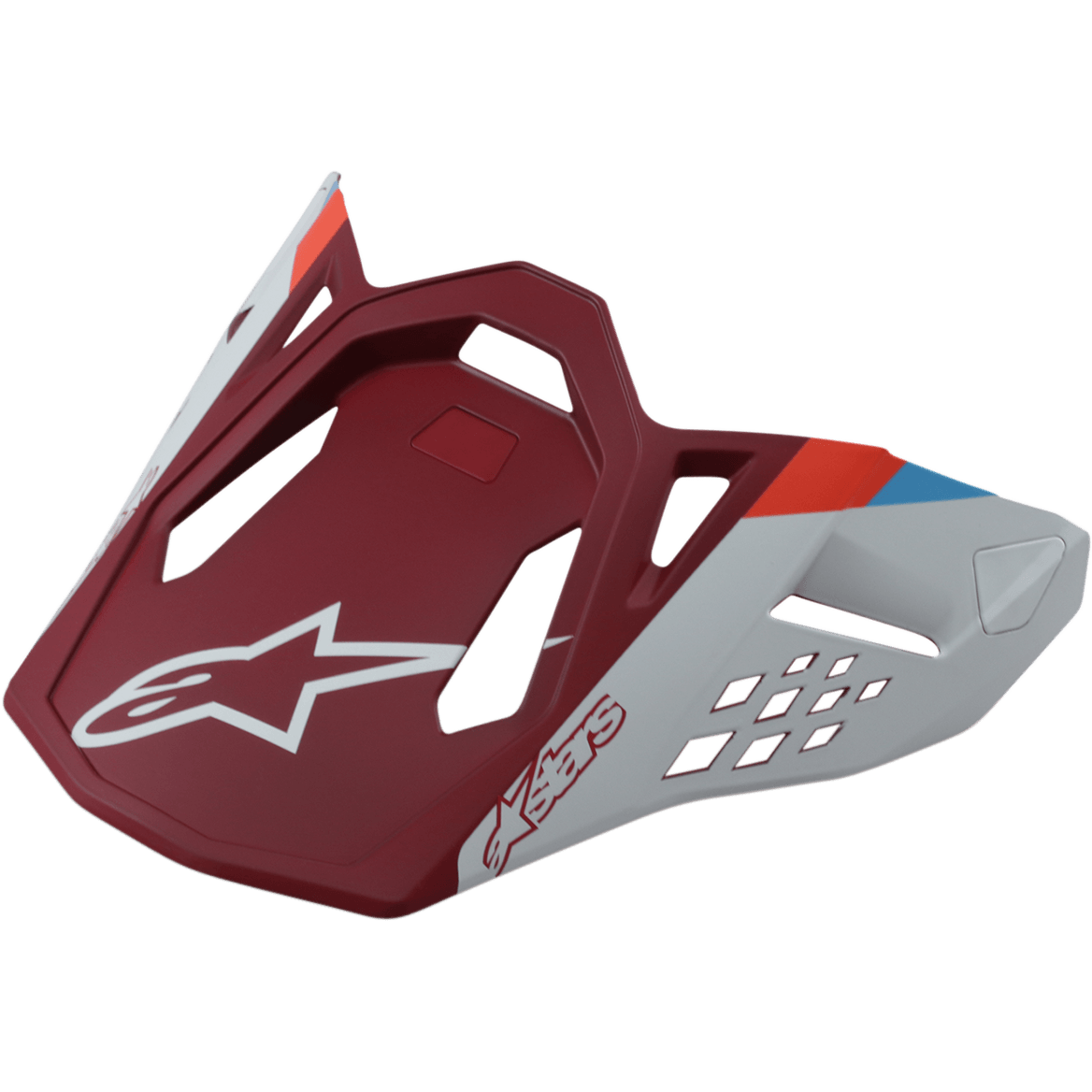 Alpinestars S-M8 Helmet Visor Contact, visera para casco de moto, rojo mate y gris claro, con logo de estrella blanca, diseño aerodinámico con recortes geométricos, detalles de franjas rojas y azules