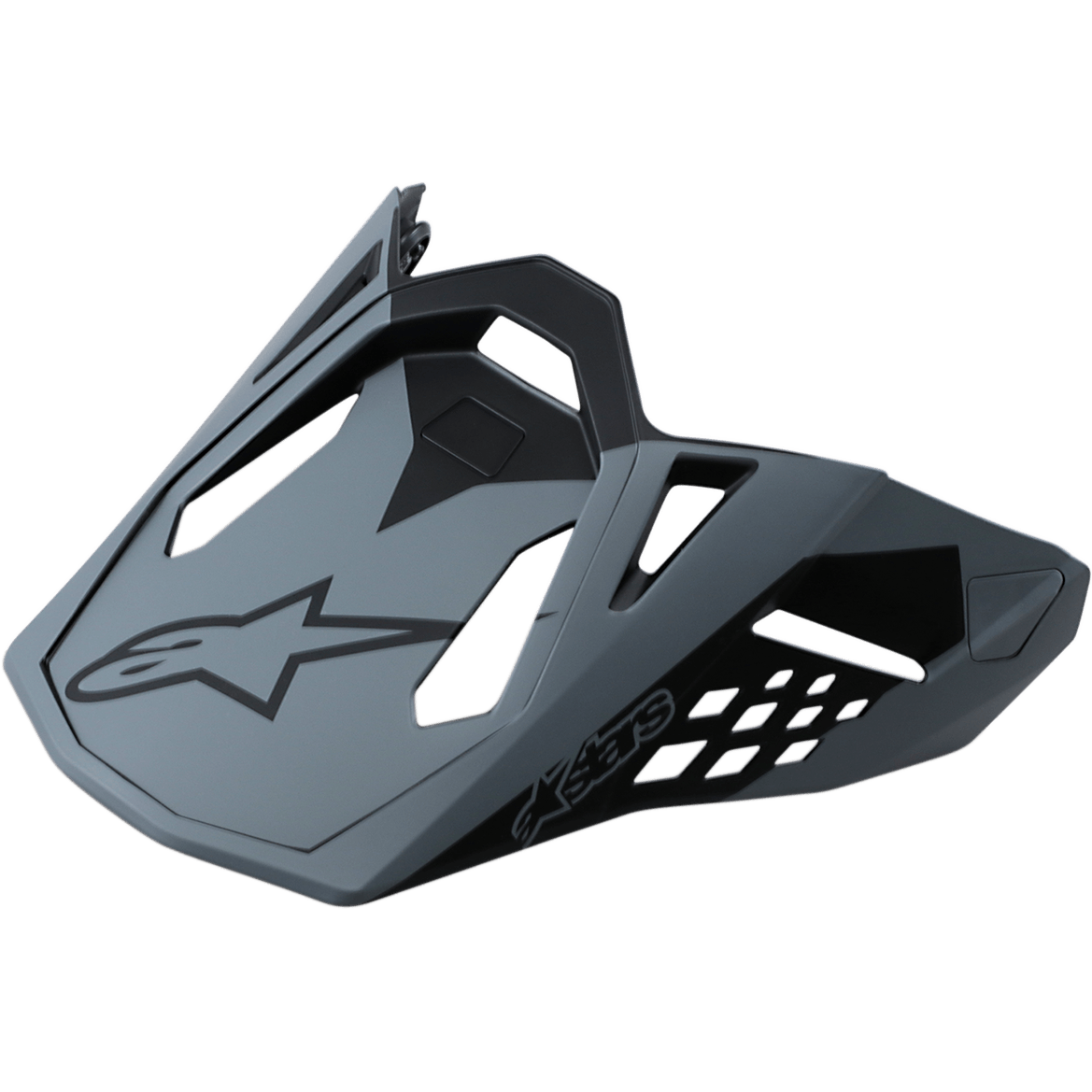 Alpinestars Supertech M10 Meta Helmet Visor, visera de repuesto para cascos de motocross, negro mate y gris, con logotipo Astar negro y recortes de ventilación geométricos, diseño aerodinámico para carreras todoterreno