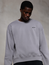 Alpinestars Essentials Ageless Crew, Silver premium crewneck sweatshirt, featuring a small black Alpinestars logo on the chest, worn by a model, casual lifestyle streetwear with a soft fleece texture.