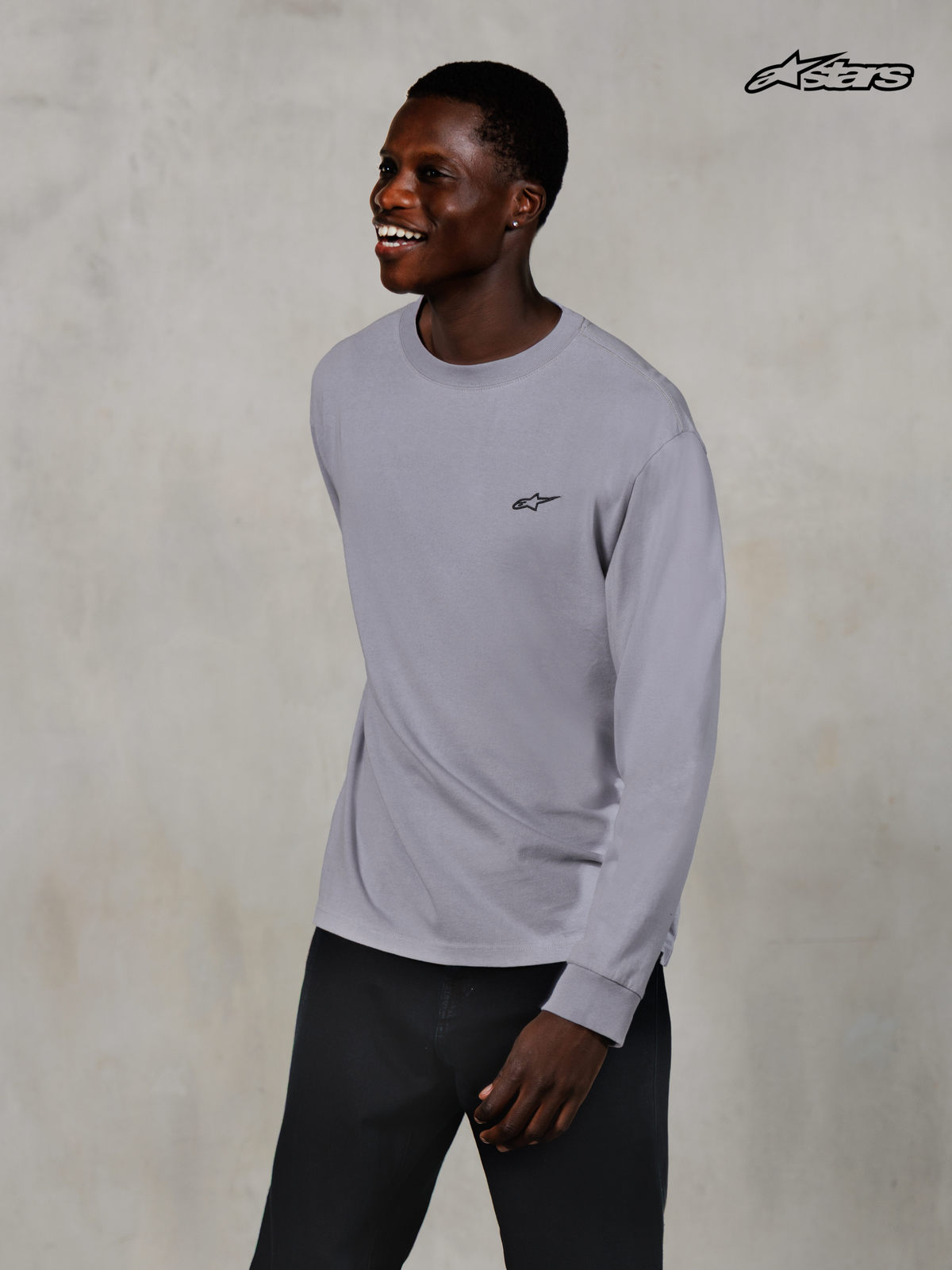 Alpinestars Essentials Ageless Long-Sleeve T-Shirt, casual long-sleeve tee, silver, worn by a model, 100% organic cotton jersey