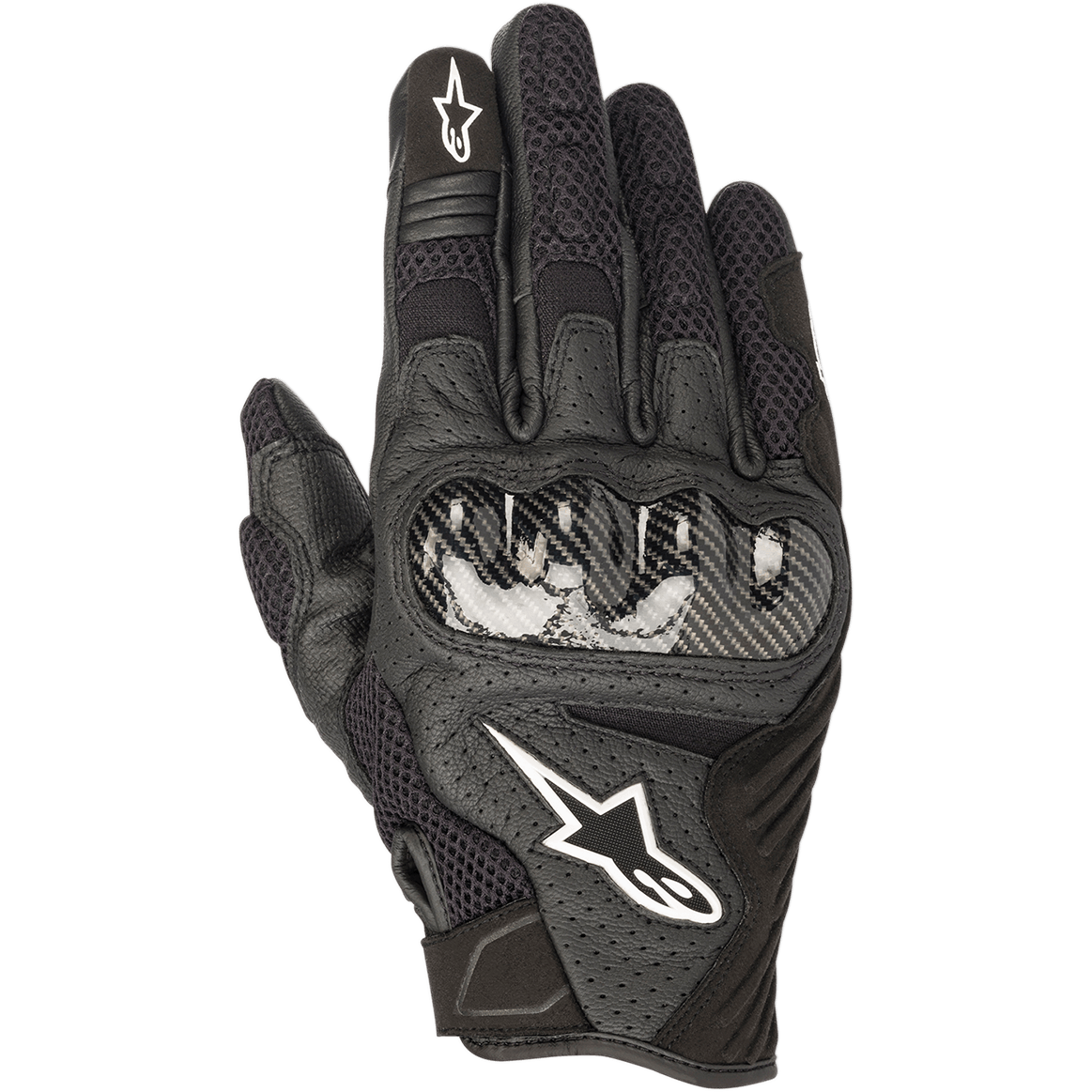 Guantes Alpinestars SMX-1 Air V2, guantes de moto negros con protección de nudillos estilo fibra de carbono, logo de estrella blanco, paneles de malla y cuero perforado para ventilación, diseño de puño corto para uso urbano y en calle.