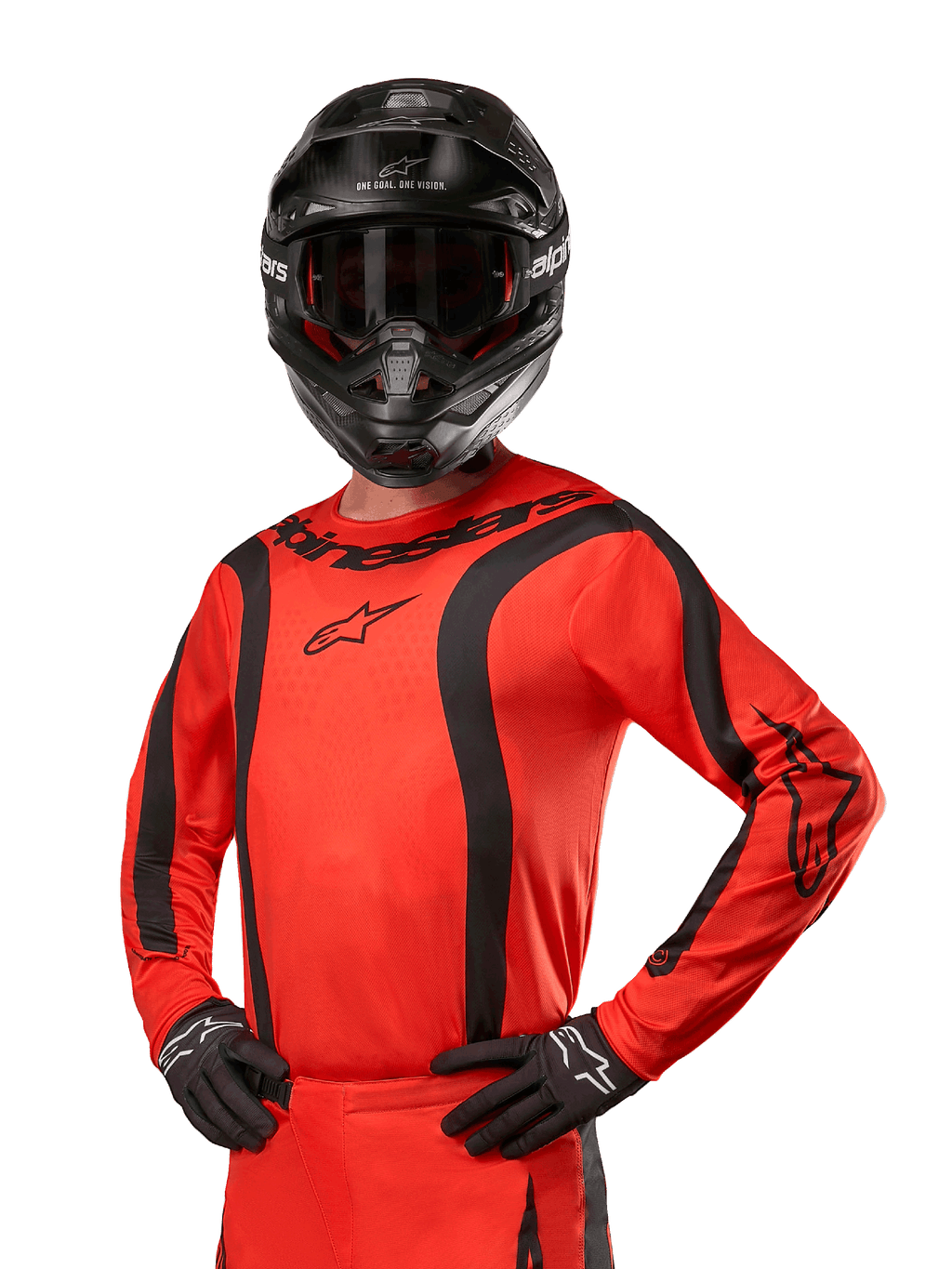 2024 Fluid Lurv Jersey, Motocross Racing Jersey, Hot Orange and Black, long sleeve with curved black stripes, Alpinestars logos on chest and shoulders, worn with black helmet and gloves, athletic off-road gear