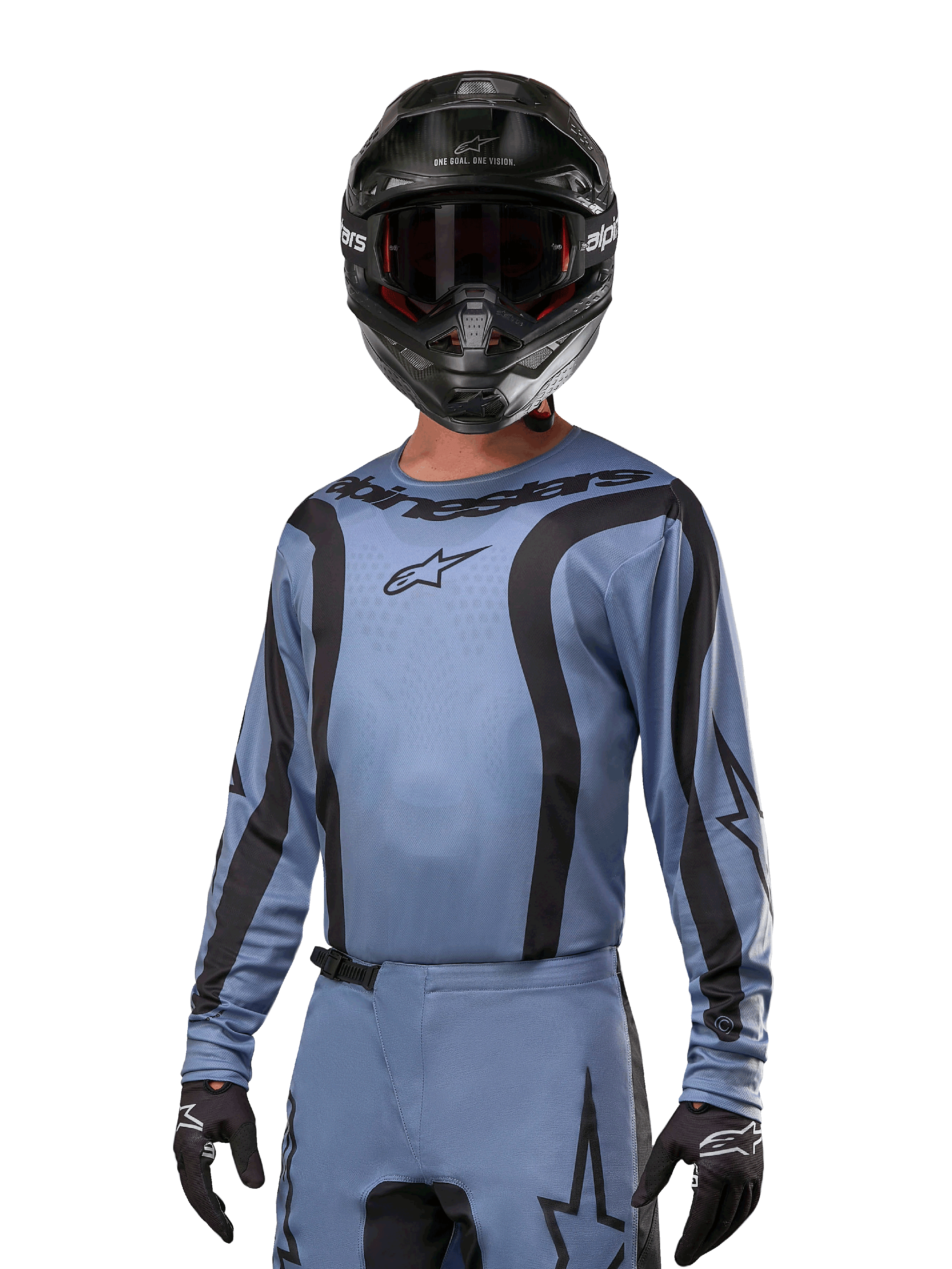 Motocross rider wearing Alpinestars 2024 Fluid Lurv Jersey, Light Blue and Black, paired with a black helmet and goggles, featuring bold black graphic accents and Alpinestars star logo, athletic performance gear for off-road racing