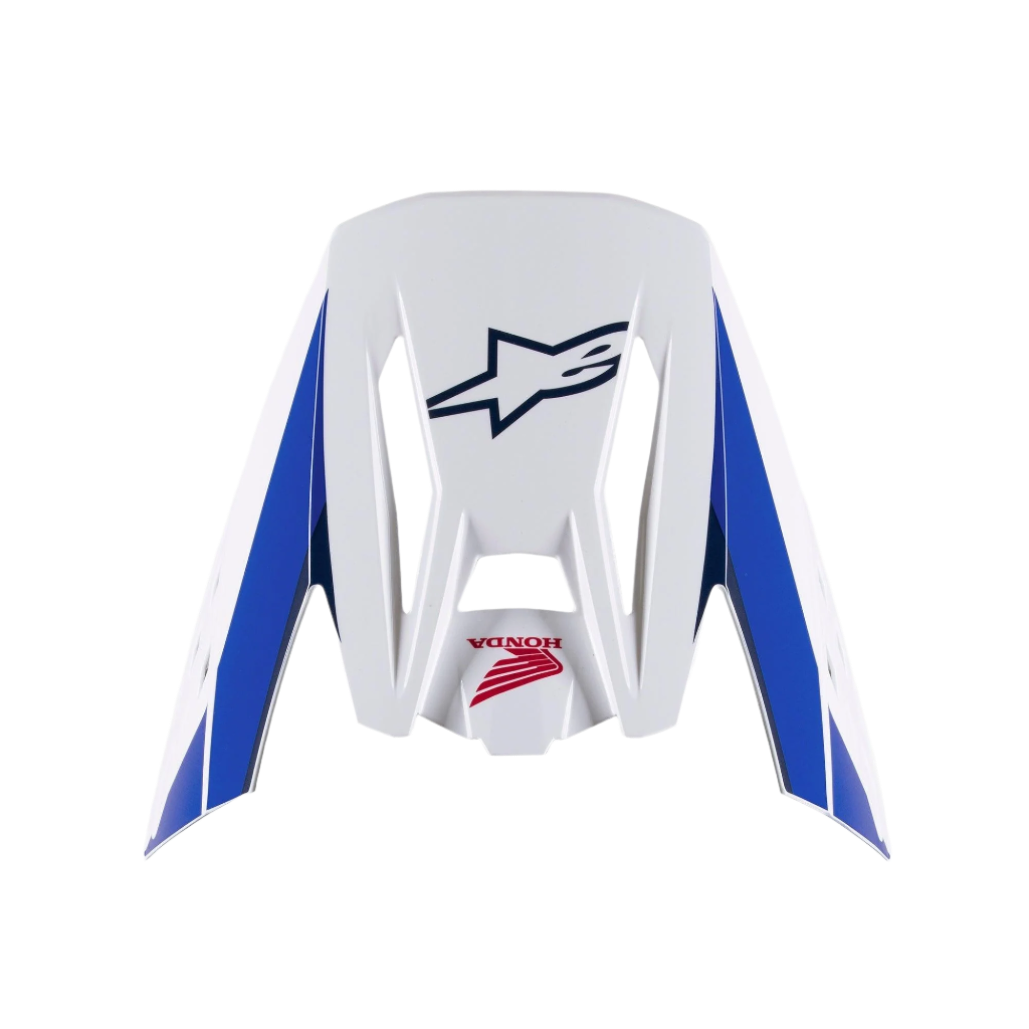 Visera Alpinestars Honda S-M5, visera de repuesto para casco, acabado brillante en blanco, azul y rojo, paneles laterales azules con logos de Alpinestars en azul marino y Honda en rojo, accesorio para casco de motocross