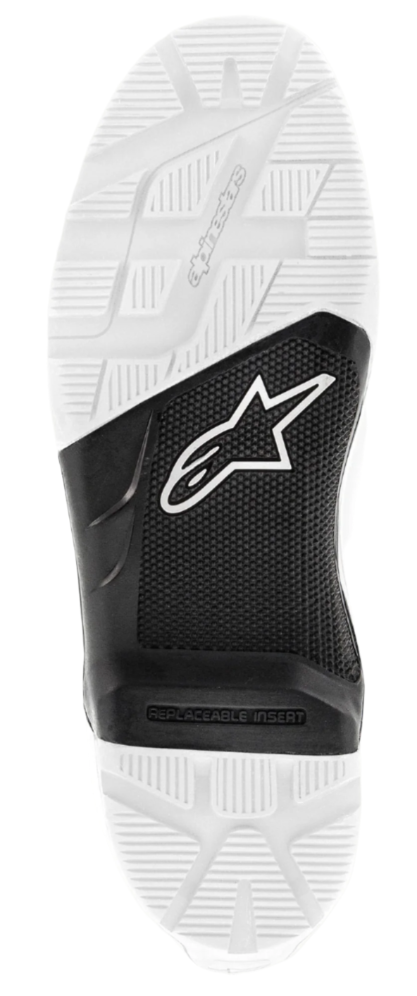 Suela Alpinestars Tech 7 Enduro, suela de goma de repuesto, blanca y negra, vista inferior que muestra la suela texturizada con patrón de tacos, incluye el logotipo Astars blanco en la sección central negra y la marca Alpinestars grabada, repuesto para botas de motocross y enduro