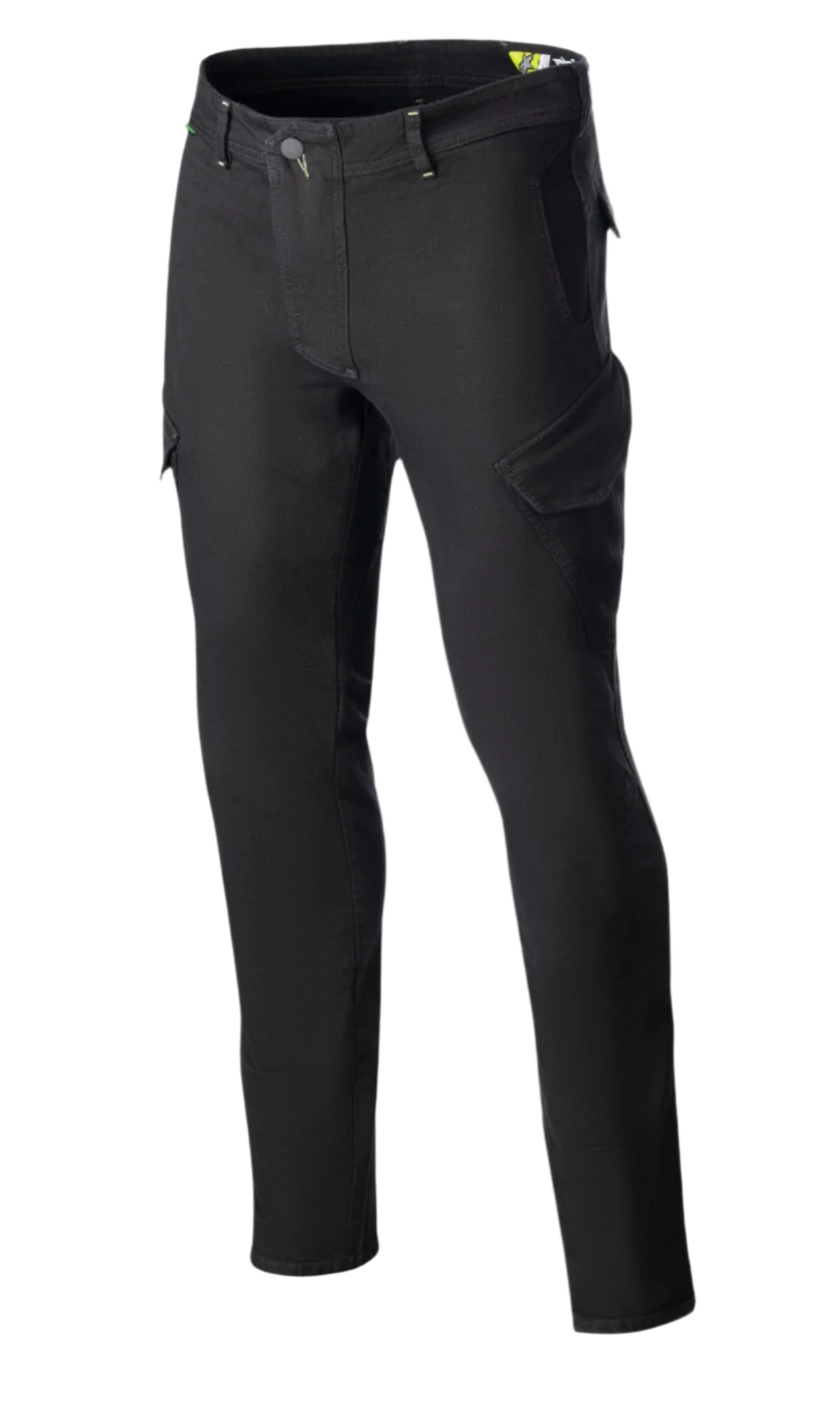Alpinestars Caliber Slim Fit Tech Riding Pants, Black, motorcycle riding pants featuring combat-style angled cargo pockets, slim tapered fit, belt loops, and button closure, constructed from stretch Cordura denim for a technical urban look
