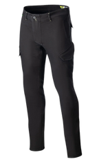 Alpinestars Caliber Slim Fit Tech Riding Pants, Black, motorcycle riding pants featuring combat-style angled cargo pockets, slim tapered fit, belt loops, and button closure, constructed from stretch Cordura denim for a technical urban look