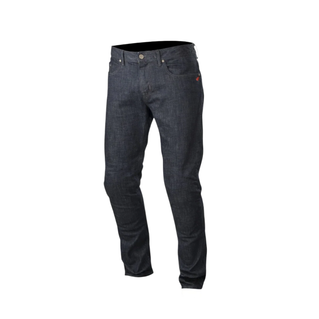 Pantalones Alpinestars Copper Denim, vaqueros de moto en azul oscuro, corte recto regular con diseño de pierna preformada, cuenta con un pequeño logotipo rojo en el bolsillo para monedas y diseño clásico de cinco bolsillos para desplazamientos urbanos