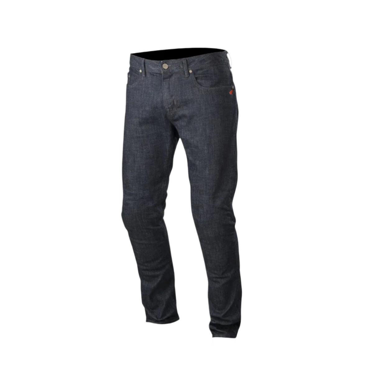 Pantalones Alpinestars Copper Denim, vaqueros de moto en azul oscuro, corte recto regular con diseño de pierna preformada, cuenta con un pequeño logotipo rojo en el bolsillo para monedas y diseño clásico de cinco bolsillos para desplazamientos urbanos