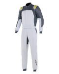 Alpinestars GP Pro Comp Suit, mono de automovilismo profesional, Silver Blue Asphalt Lime, cuerpo plata claro con paneles gris oscuro en los hombros y detalles verde lima, cintura con cinturón y puños acanalados, construcción de tres capas certificada por la FIA para alto rendimiento