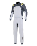 Alpinestars GP Pro Comp Suit, mono de automovilismo profesional, Silver Blue Asphalt Lime, cuerpo plata claro con paneles gris oscuro en los hombros y detalles verde lima, cintura con cinturón y puños acanalados, construcción de tres capas certificada por la FIA para alto rendimiento