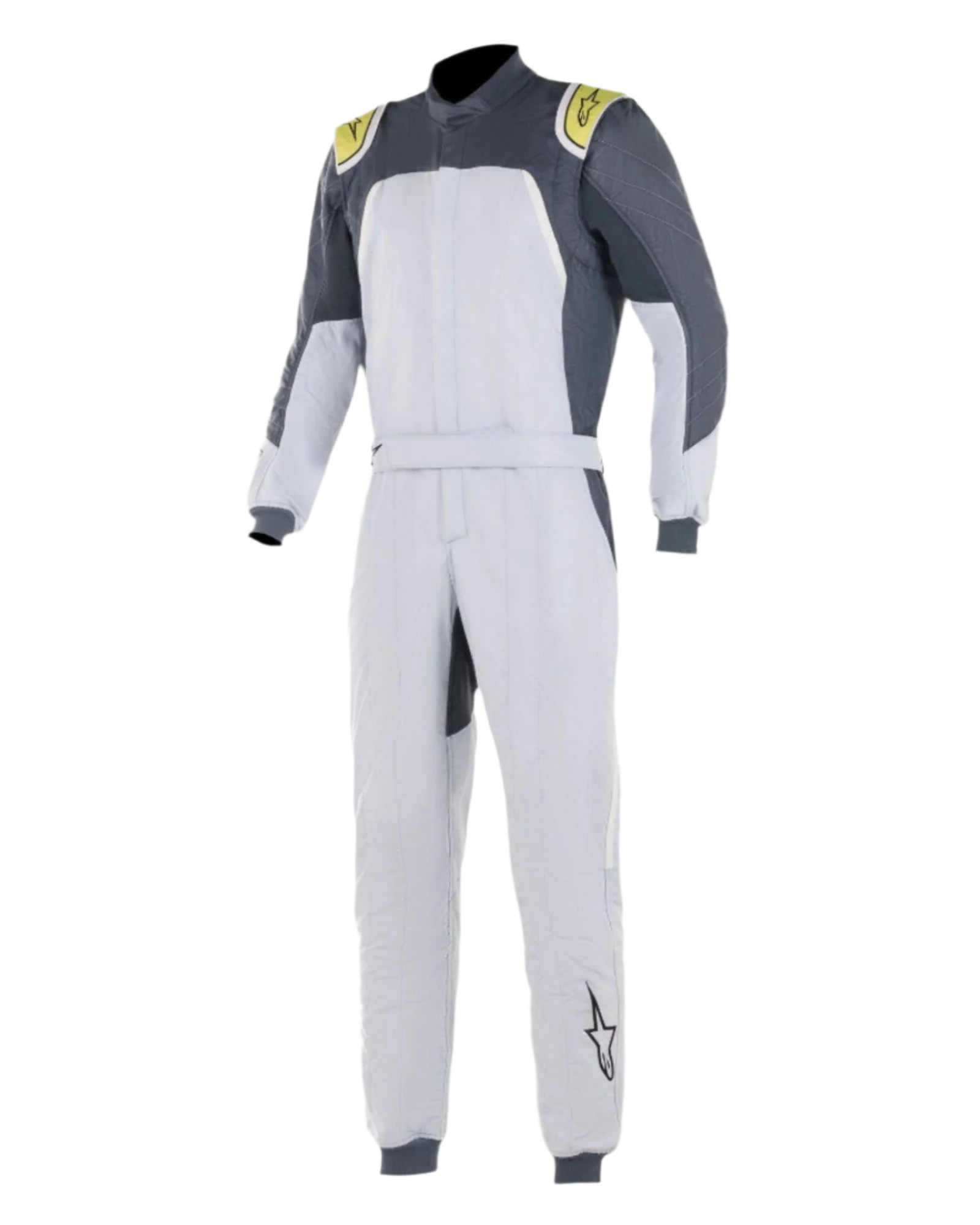 Alpinestars GP Pro Comp Suit, mono de automovilismo profesional, Silver Blue Asphalt Lime, cuerpo plata claro con paneles gris oscuro en los hombros y detalles verde lima, cintura con cinturón y puños acanalados, construcción de tres capas certificada por la FIA para alto rendimiento