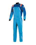 Alpinestars GP Pro Comp Bootcut Suit FIA, Auto Racing Suit, Cobalt Blue and Royal Blue with Red accents, features red shoulder epaulettes with white logos, black wrist cuffs, and bootcut legs, multi-layer aramidic construction for circuit racing