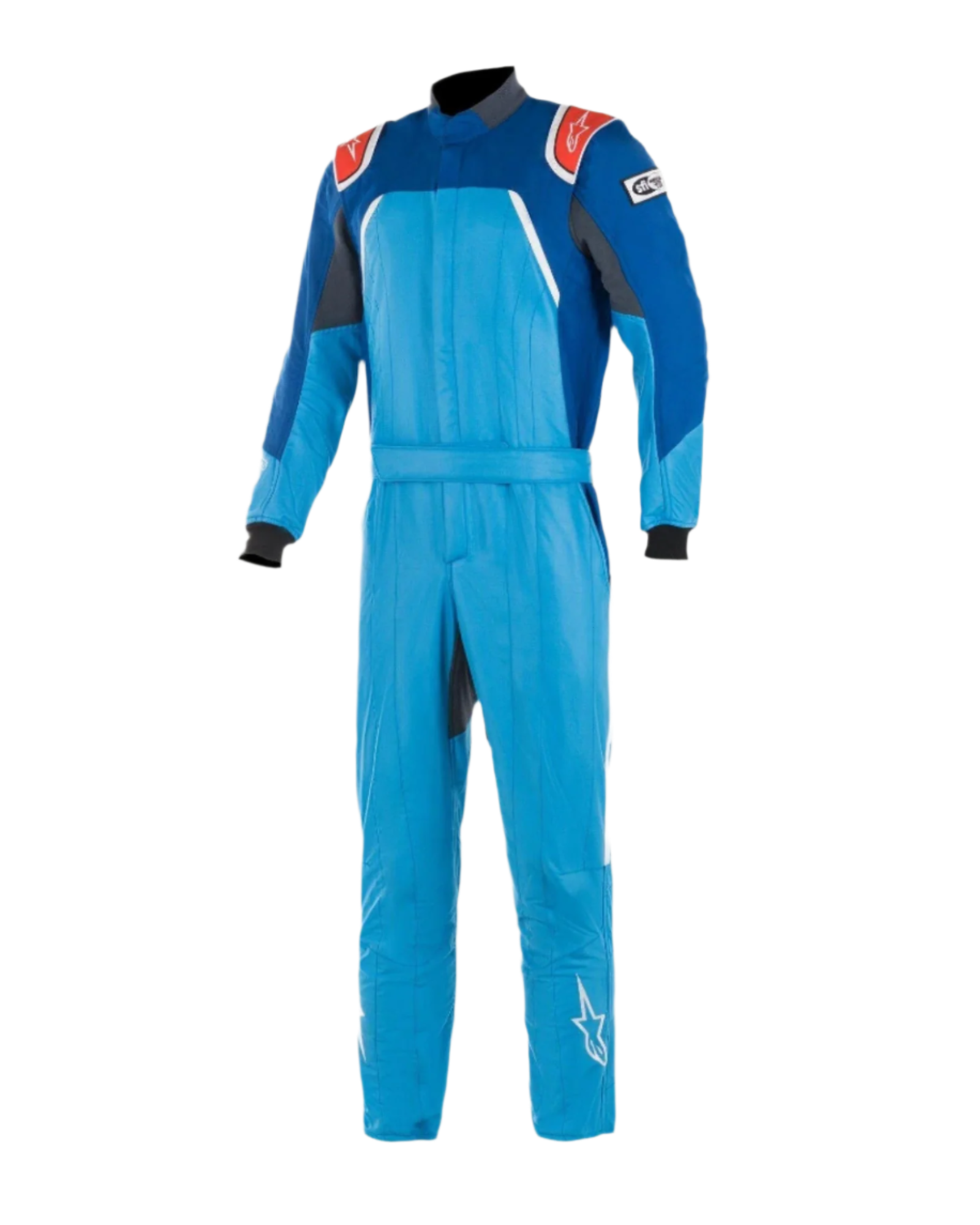 Alpinestars GP Pro Comp Bootcut Suit FIA, mono de automovilismo, azul cobalto y azul real con detalles en rojo, incluye charreteras rojas con logotipos blancos en los hombros, puños negros y perneras de corte bootcut, construcción aramídica de varias capas para carreras en circuito