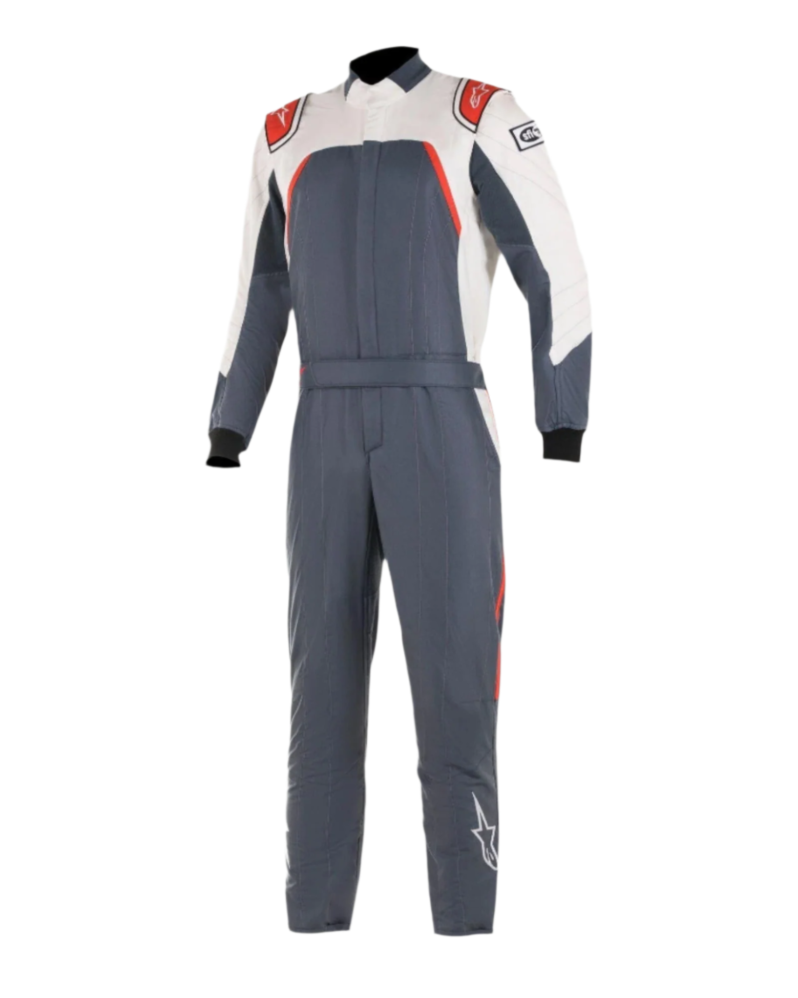 Alpinestars GP Pro Comp Bootcut Suit FIA, mono de automovilismo, gris asfalto, blanco y rojo, traje de una pieza con parte superior del pecho y mangas blancas, detalles rojos en los hombros, cuerpo gris oscuro y perneras con diseño de corte bootcut
