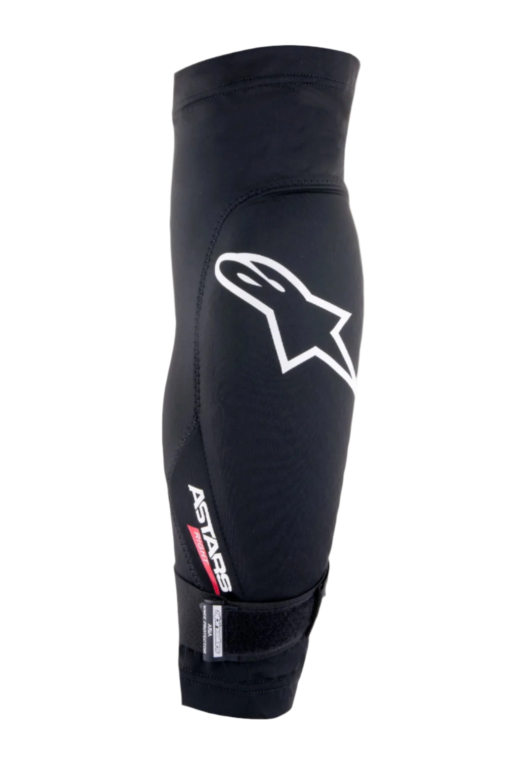 Protector de rodilla Aria de Alpinestars, negro y blanco, manga de malla transpirable con un gran logotipo blanco de Astars, texto 'ASTARS RIGHT' y correa inferior ajustable, protección ligera para ciclismo y bicicleta de montaña